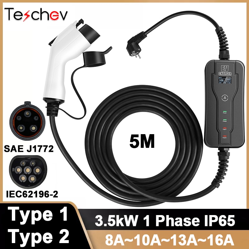 220V Car Portable EV Charger Electric Vehicle Type 1 Plug 16A 5m SAE J1772 Level 2 EVSE Controller Charging Stations For Leaf