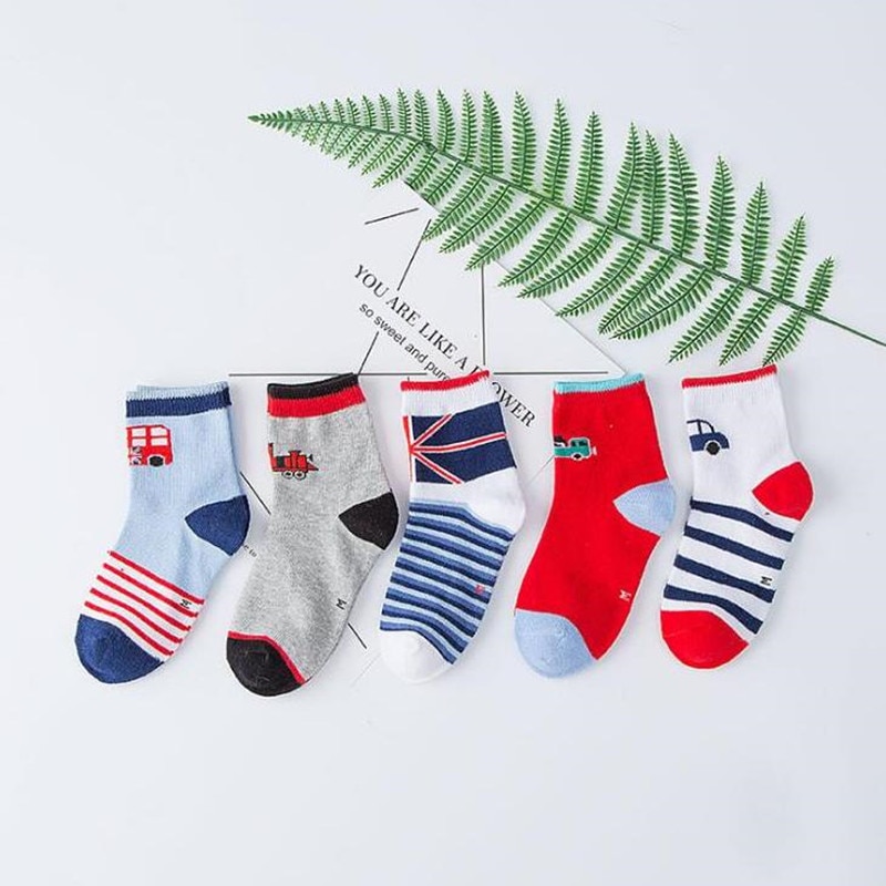 5Pairs/lot Kids Socks Spring Autumn Cotton Stripe Kids Socks Cartoon Car Print Boy Toddler Children Socks Floor Socks 3-12Years