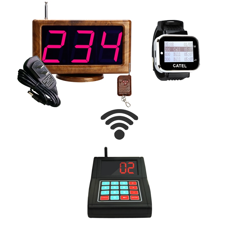 Long Distance Wireless Calling System For Restaurant Cafe 1 Keyboard Transmitter + 1 Wrist Watches+ 1 Host LED Display Receiver