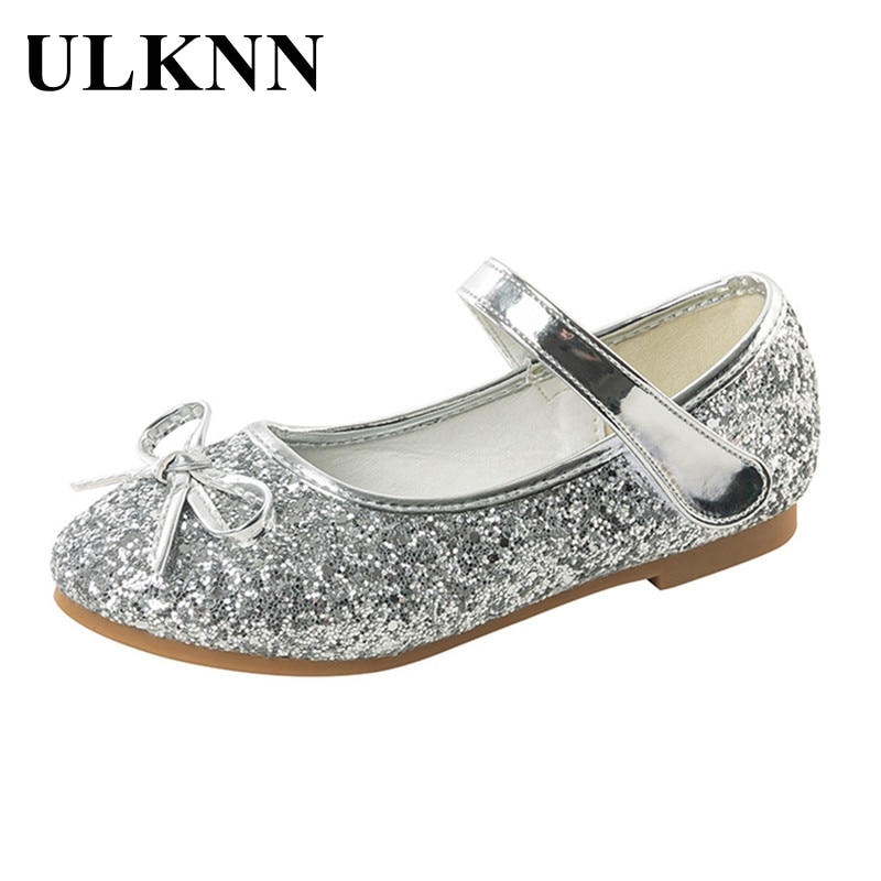 ULKNN 2022 New Girls Leather Shoes Pink Bowknot Princess 'shoes Sequins Kid's Flats Cuhk Children's Dance Shoes S