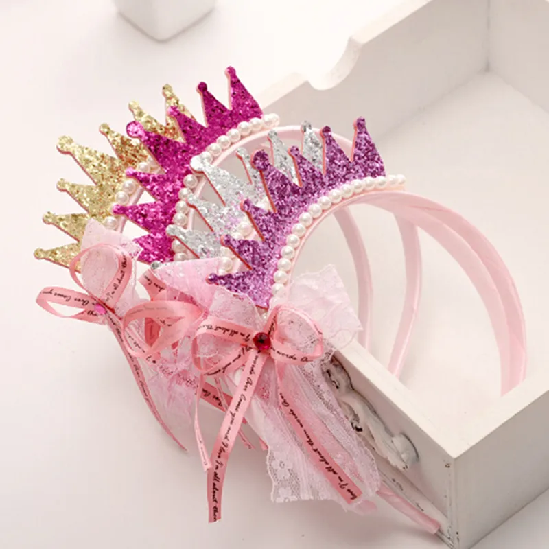 Girls Hair Bands Pearls Resin Lace Bow Ribbon Crown Princess Kids Accessories
