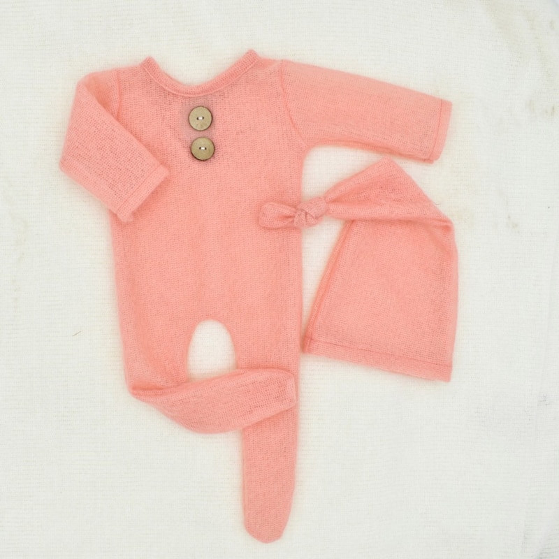 2 Pcs Mohair Baby Romper Hat Set Newborn Photography Props Knitted Wool Bodysuit