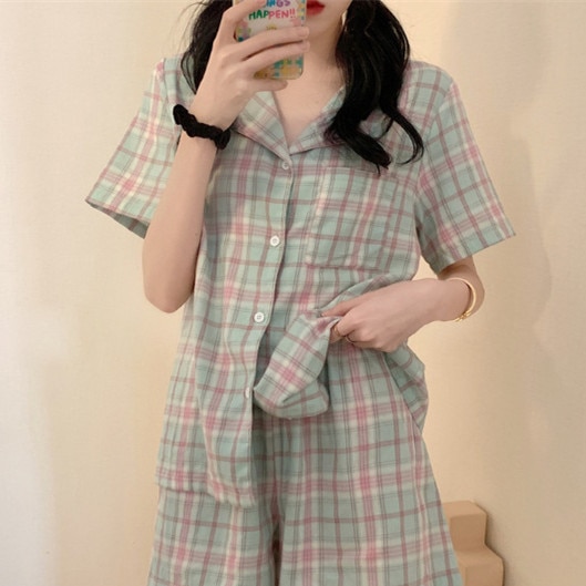 CAIYIER 2021 New Classic Plaid Pajamas Set Summer Women Nightwear Short Sleeve Korea Minimalist Loose Sleepwear Homewear Suit