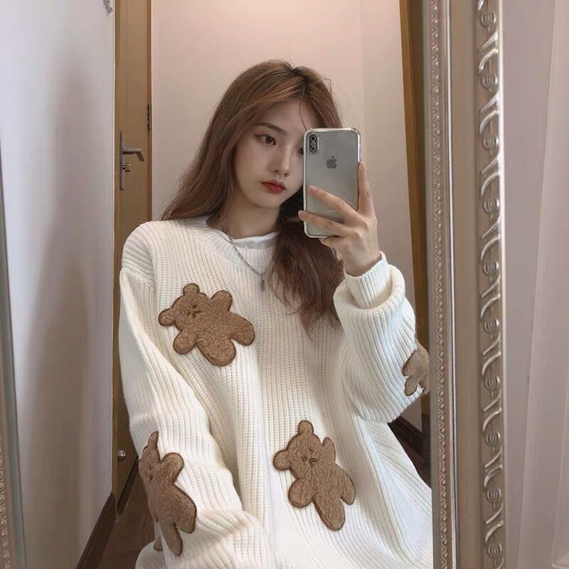 Cartoon Print Bear Sweater Women's Knitted Loose Pullover Cute Casual Fall Winter 2021 Turtleneck Jumper Wn*