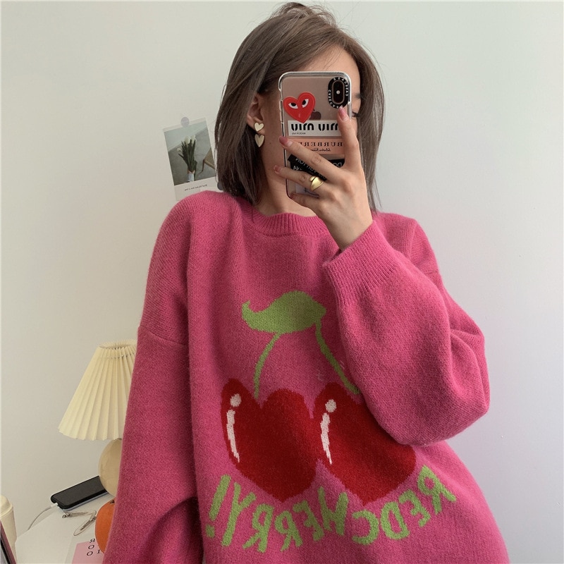 2021 Autumn And Winter New Korean Sweater Round Neck Loose Print Cute Harajuku Style All-match Pullover Wn*