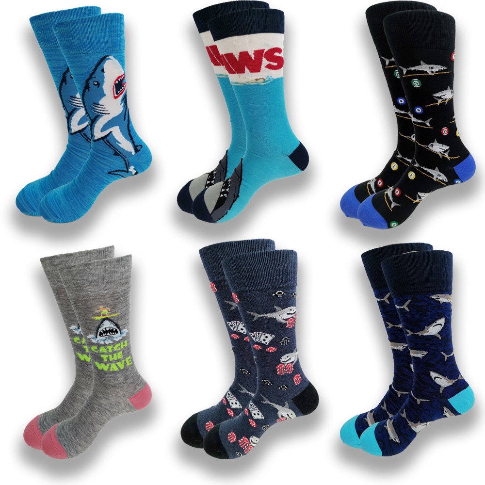 A Pair of Autumn and Winter Men's Socks Shark Pattern Soft Comfortable Warm Leisure Senior Sewing Crew Stockings