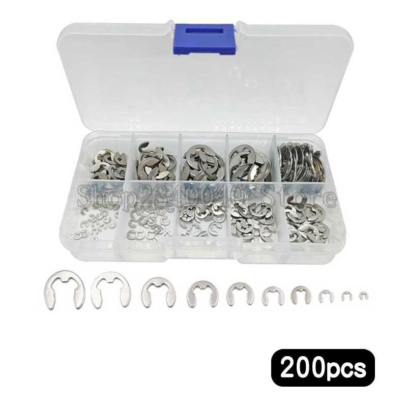 200pcs Clip Circlip Retaining Ring Stainless Steel C E-type Washer Buckle-shaped Split Washers M1.5/M2/M3/M4/M5/M6/M7/M8/M9/M10