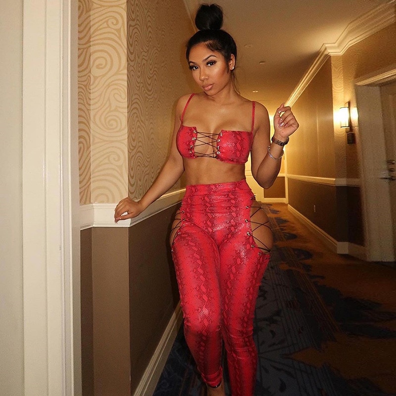 Vintage Serpentine Print Bandage Two Piece Set Sexy Hollow Out Lace Up Crop Top + Pants Bodycon Night Club 2 Piece Set Outfits