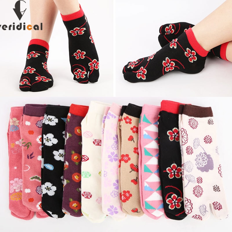 Women Girl No Show Socks With Toes Cotton Flowers Beautiful Fashion Novelty Cute Harajuku Happy Two Finger Socks EU 38-44