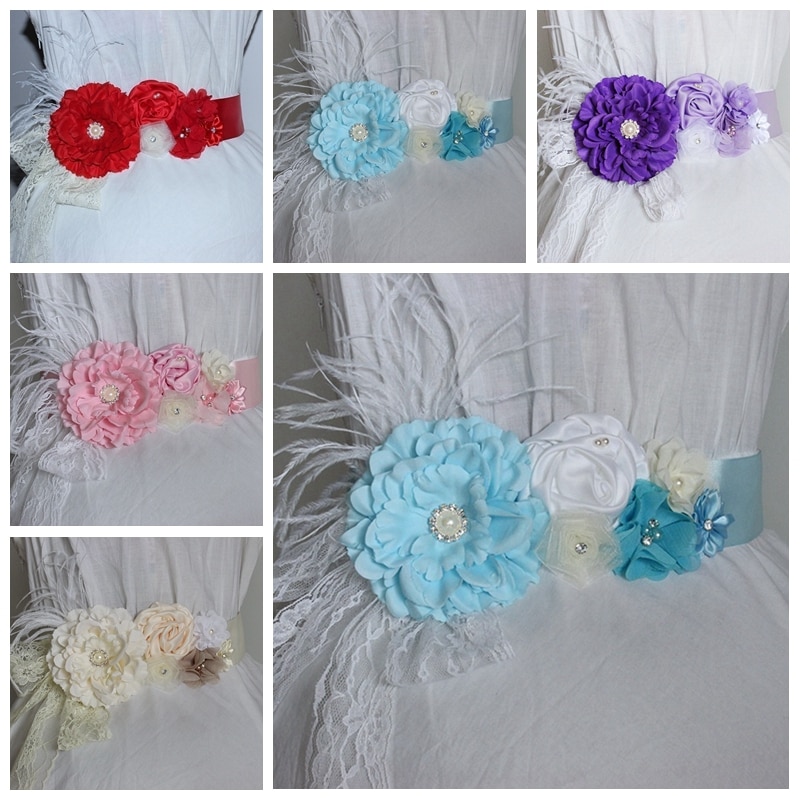 7 Colors Fashion Handmade Peony Flower Sash with Pearl Rhinestone Women Satin Floral Waistband Bridesmaids Dress Decoration