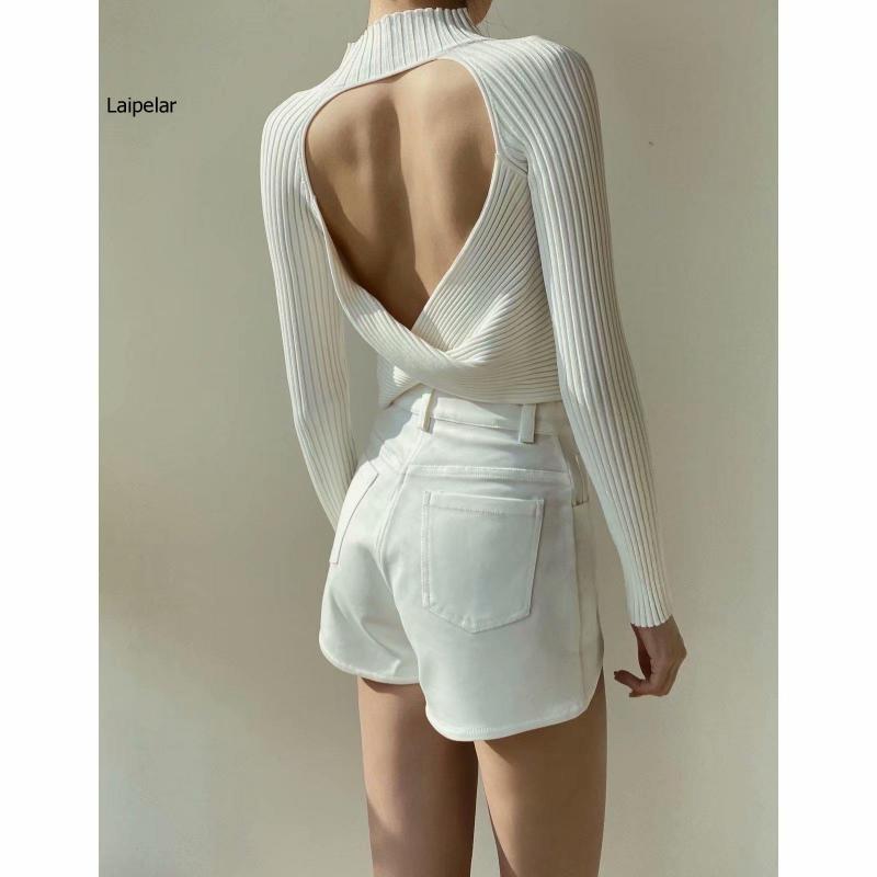 White Black Knot Sexy Open Back Medium High Neck Sweater T-Shirt Women's Elegant French Pullover