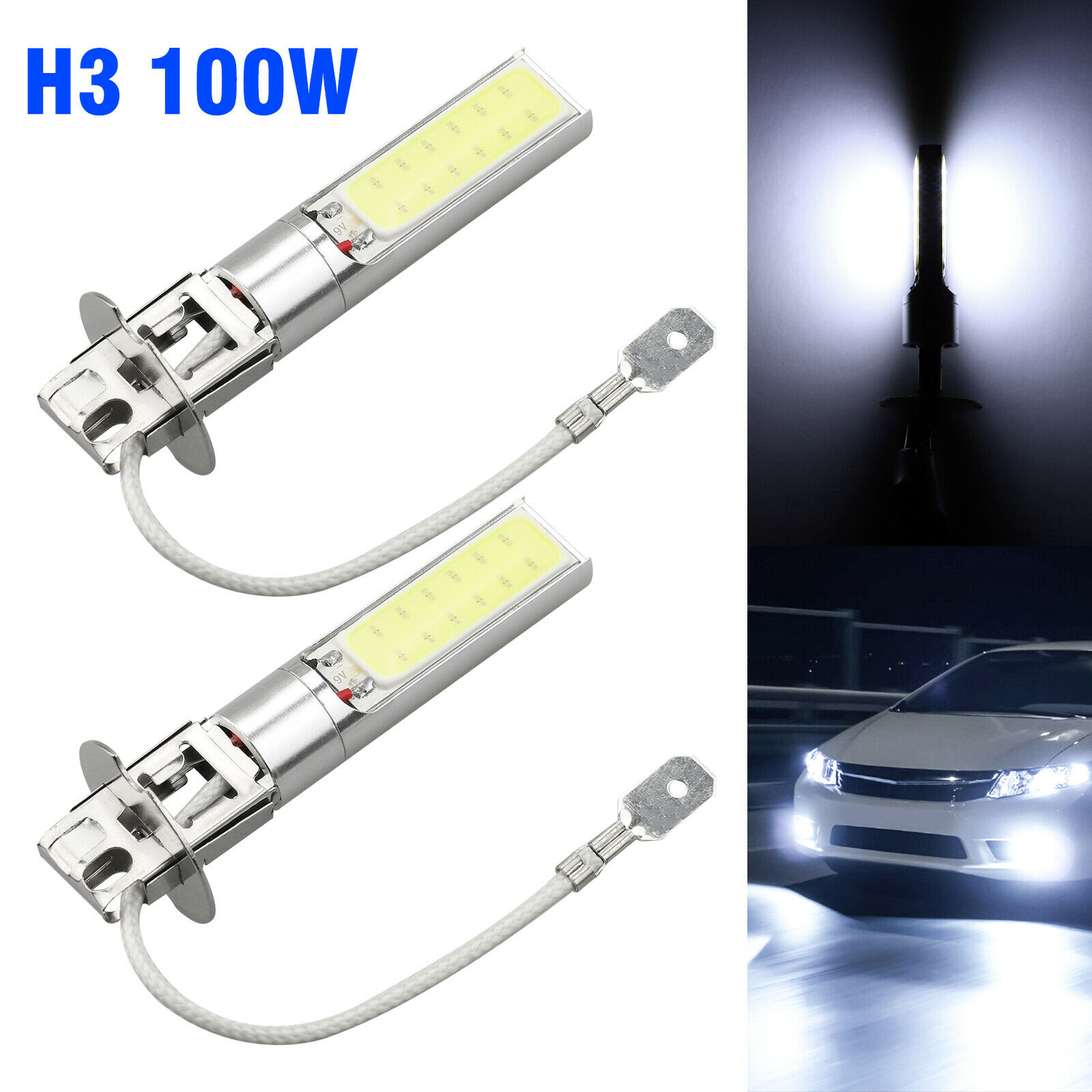 2X H3 100W LED Fog Light Bulbs Car Driving Lamp 6000K COB Chip DRL White High Power DC 12V