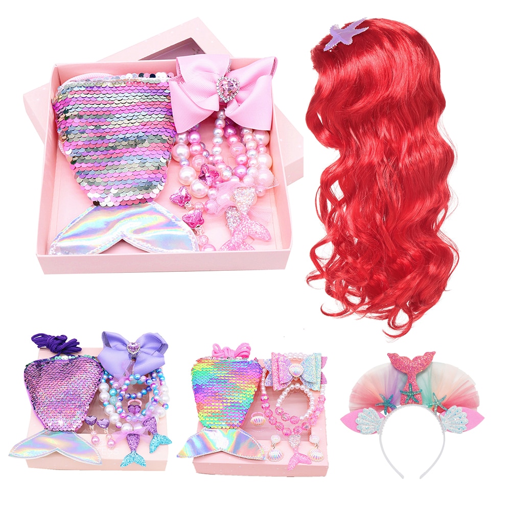 Mermaid Accessories Jewelry Set Sequins Purse Necklace Bracelet Bow Hair Clip Shell Earring Gift for Mermaid Girls Photo Props