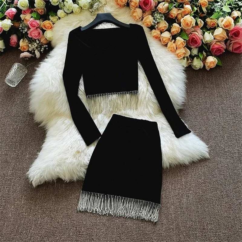 2023 New Fashion Autumn Two Piece Cotton Tops + Tassel Skirt Lady Long Sleeve Tops Women Suits Girl Black Tees Bottomings
