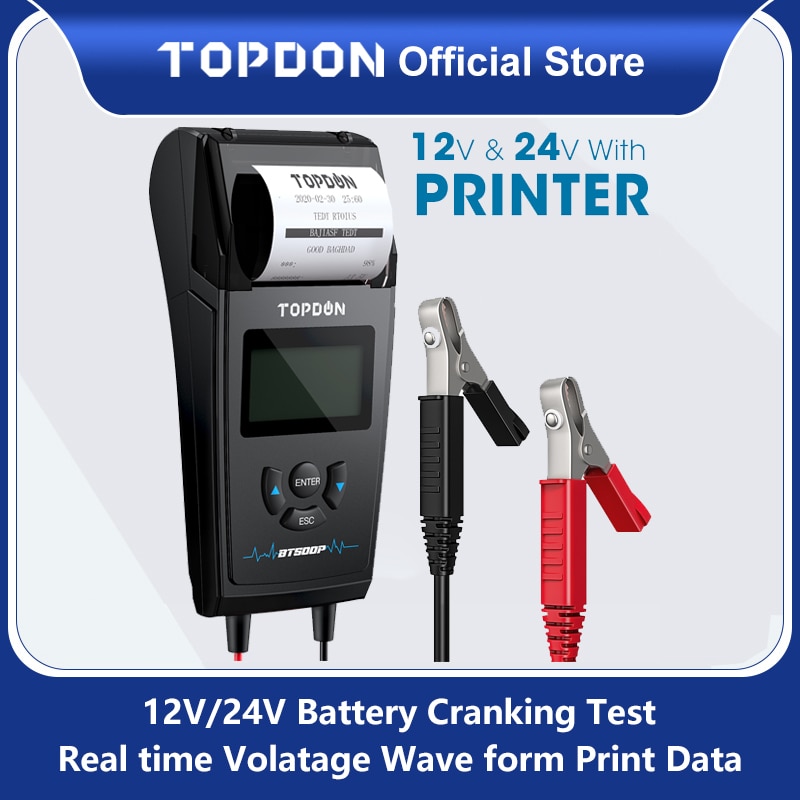TOPDON BT500P 12V 24V Car Battery Tester with Printer Battery Load Test for Motorcycle Auto Charging Cranking Battery Analyzer