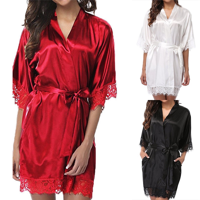 Women Satin Silk Woman Lace Robe Female Lace Bathrobe Womens Robes Sleepwear Ladies Sexy Robe For Women