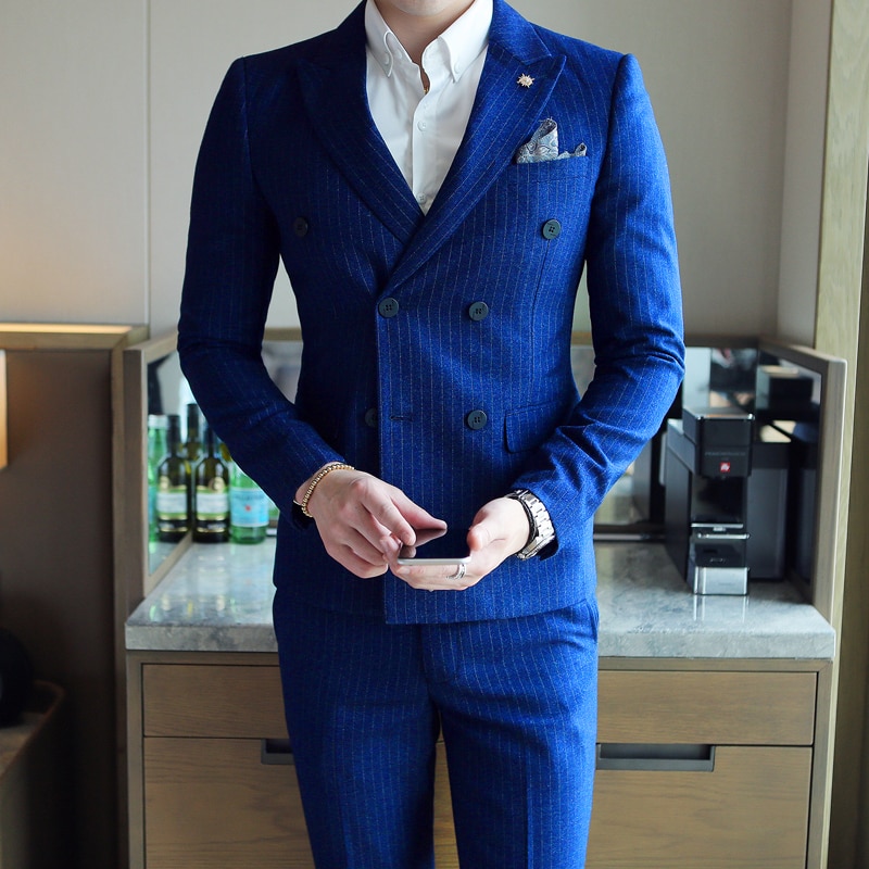 Stripe Suit Pants Men's British Style Fashion Boutique Slim Fit Party Double Breasted 2 Pieces Sets Blazers Jacket Coat Tro