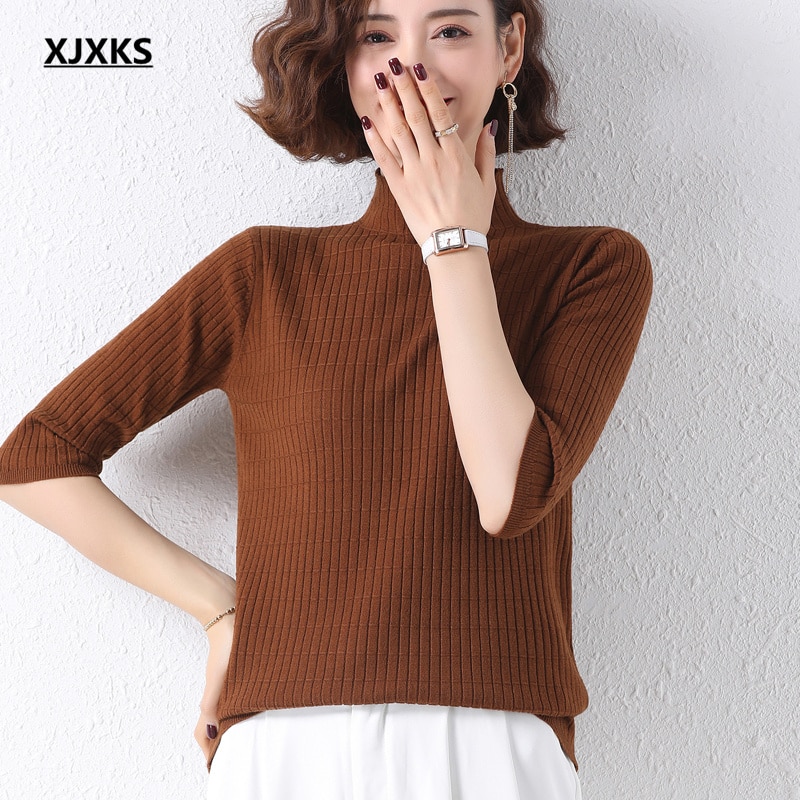 XJXKS Fashion five-point sleeve women turtleneck sweater 2021 spring autumn new high-elastic women wool knitted sweater pullover