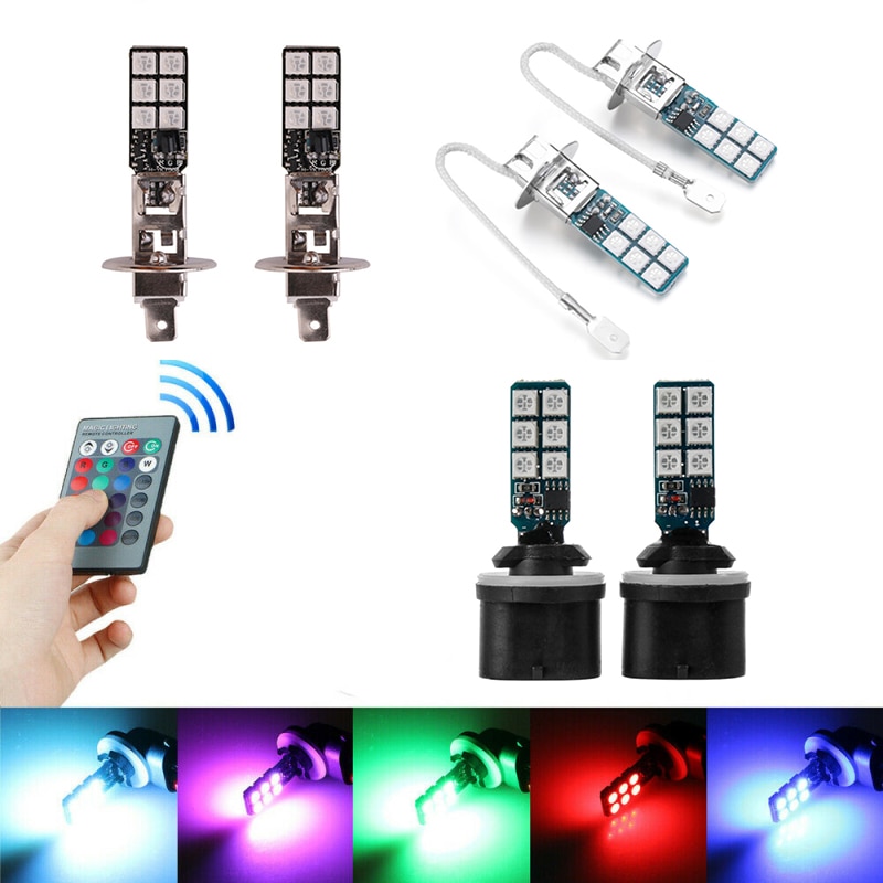 2Pcs H1 H3 880 881 5050 Colourful LED RGB Car Headlight Fog Lights Lamp Bulb Car Driving Light Auto Foglamps Bulb Car Accessorie