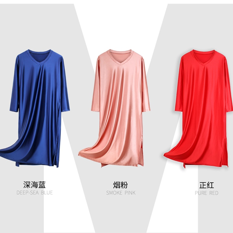DROZENO One-piece pajamas V-neck long nightdress Pure color slippery loose over-the-knee skirt