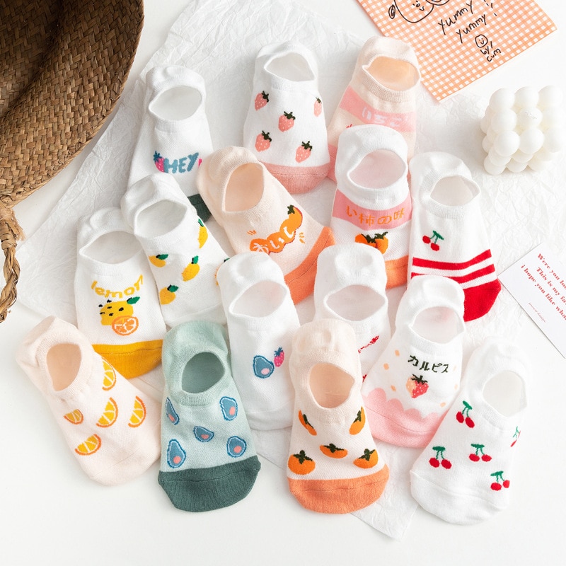 6 Pcs=3 Pairs Fashion Funny Lovely Fruits Strawberry Style Comfortable Pink Boat Socks Set Women Cotton Red Sox for Girls