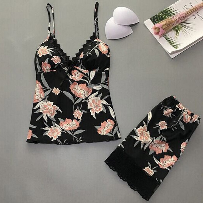Spaghetti Strap Printing Lace Sexy Women Pajamas V-Neck With Pad Female Summer Pajama Set Summer Fashion Female Sleepwear