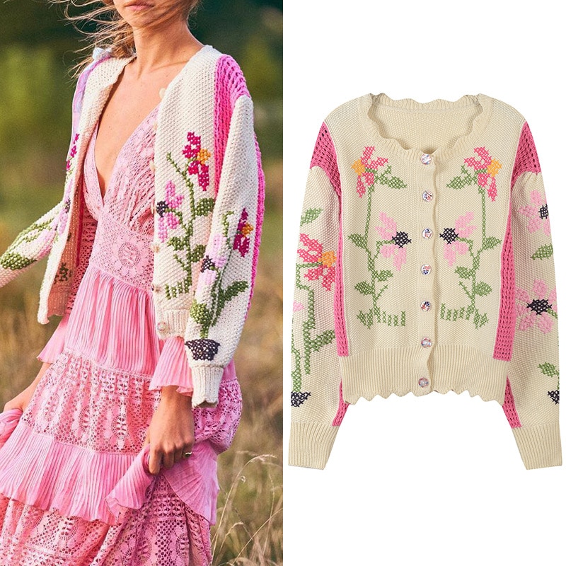 Makuluya High Quality Women Spring Vintage Casual Prairie Chic Jacquard Hollow Out Long Sleeve Floral Sweet Sweaters Cardigan L