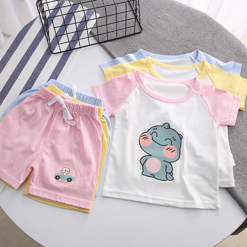 2021 Summer New Children's Short-sleeved Shorts Suit Cotton T-shirt Baby Boys And Girls Cute Cartoon Pajama Set Casual Outw