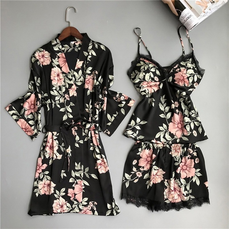 Menore Women Satin Wedding Sleepwear Suit Spring Lace Trim Pajama Set Print Floral Nightwear Casual Home Wear Lingerie Suit