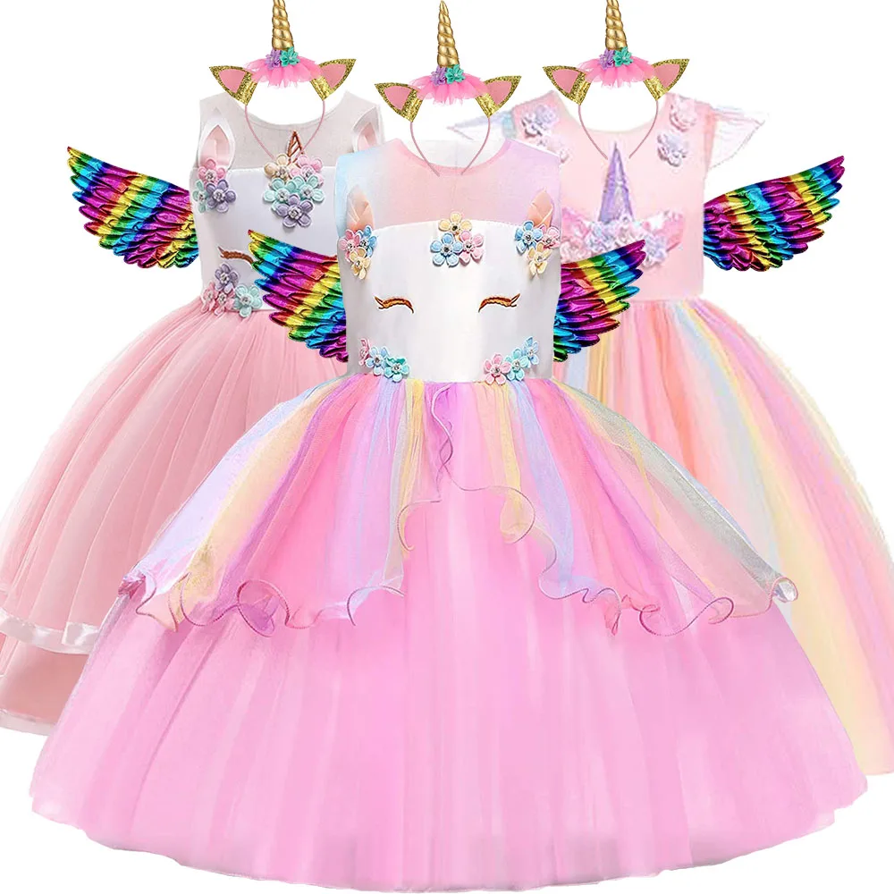 2023 Child Unicorn Dresses Rainbow Ball Gown Girls Clothes Tutu Kids Princess Dress Birthday Party Vestidor Robe Infantil