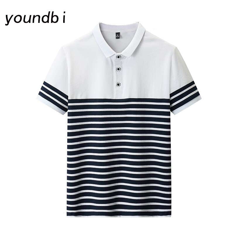 Men Polo Shirts Fashion Black and White Stripes Casual Short Sleeve Turn-Down Neck Top Breathable Cotton T156 4XL