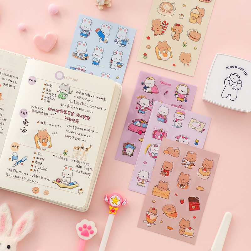 Mohamm PET Cartoon Animal Rabbit Bear Cute Kawaii Stickers for DIY Bullet Diary Scrapbook Student Supplies