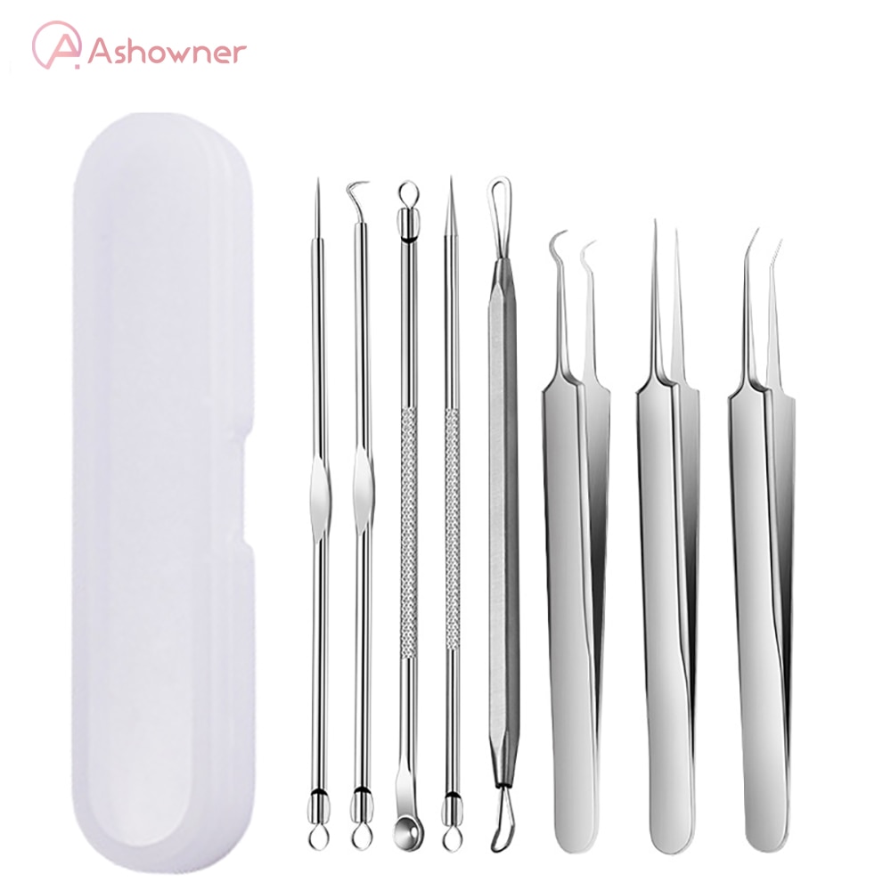 9pcs Acne Blackhead Needles Stainless Steel Comedone Black Spot Pimple Blemish Remover Women Treatment Pore Cleanser Hook Pin