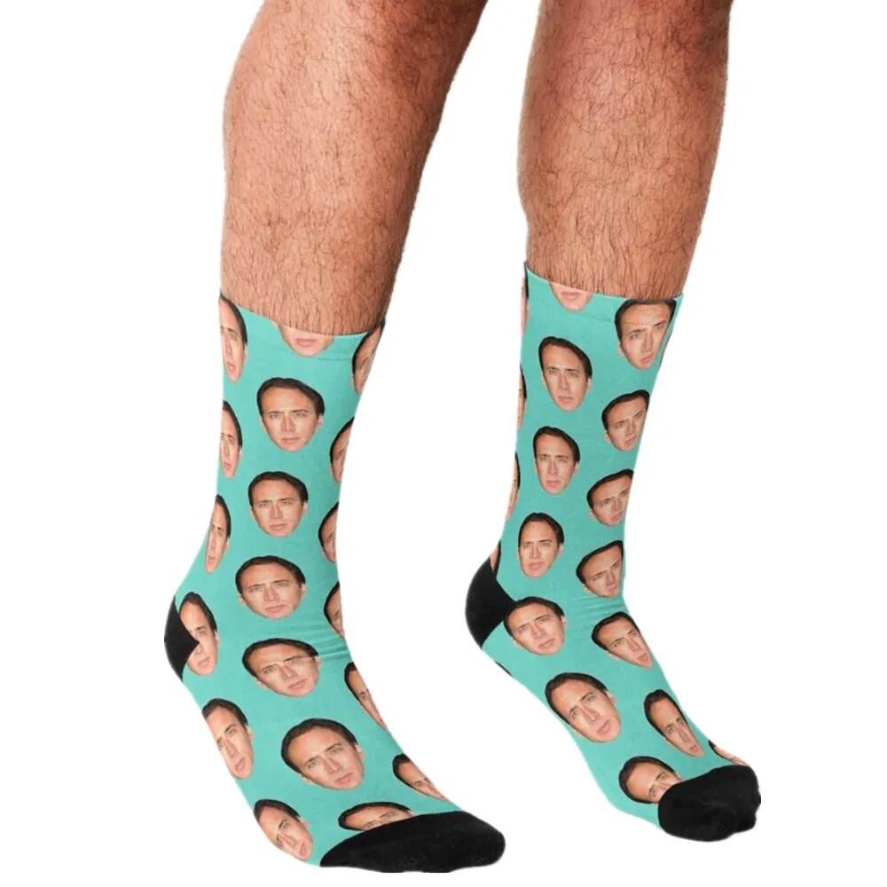2021 Men's socks Funny Nicolas Cage Printed Socks Men harajuku Happy hip hop Novelty cute boys Crew Casual Crazy Socks for 