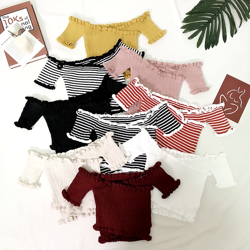 2021 Summer Women Flare Sleeve Slash Neck Cross Knitted Ruffle Basic Sweater Coat Shirt Lady Elastic Slim Waist Chic Blouse Tops