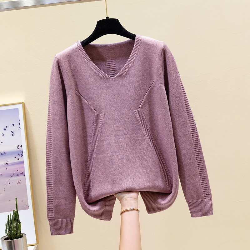dress new Korean V-neck loose fitting women's sweater Pullover fashion foreign style top knitted bottom coat fashion