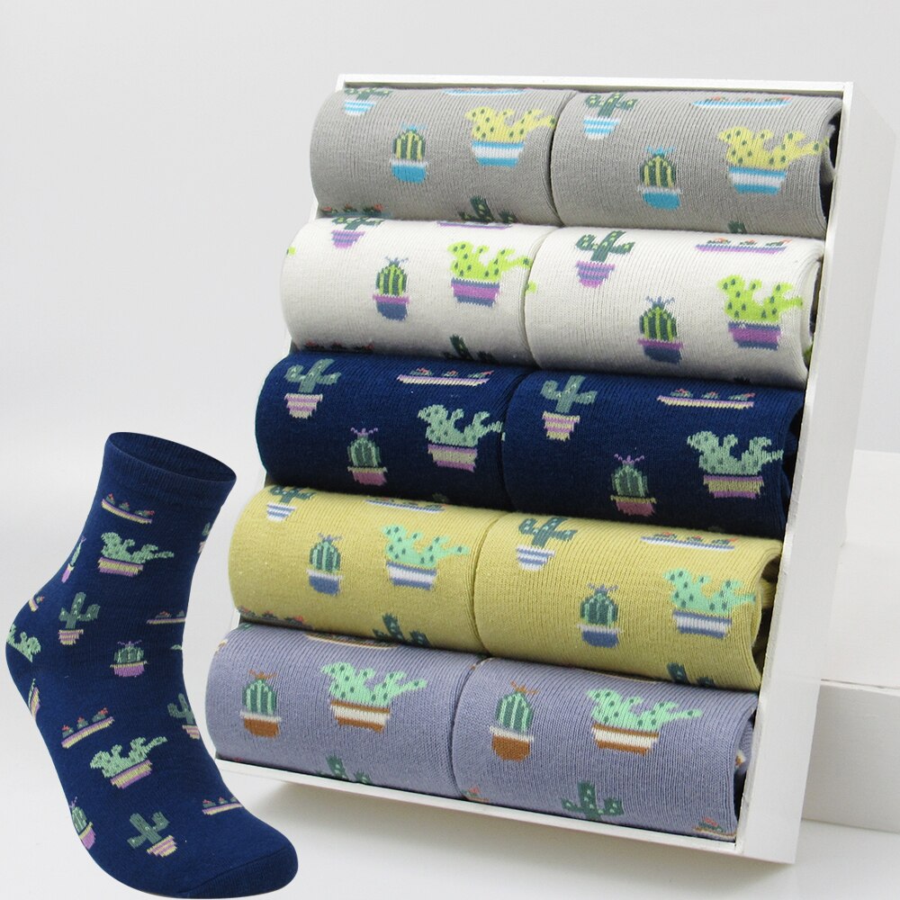 5 Pairs women's Casual Cotton Socks Spring Summer New 2021 Fashion Japanese Harajuku Funny lovely Cactus Socks Gift Size 36