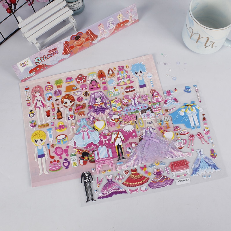 Children's princess lace dress up double-layer 3D three-dimensional PVC bubble stickers kids reward portable girl gifts toy