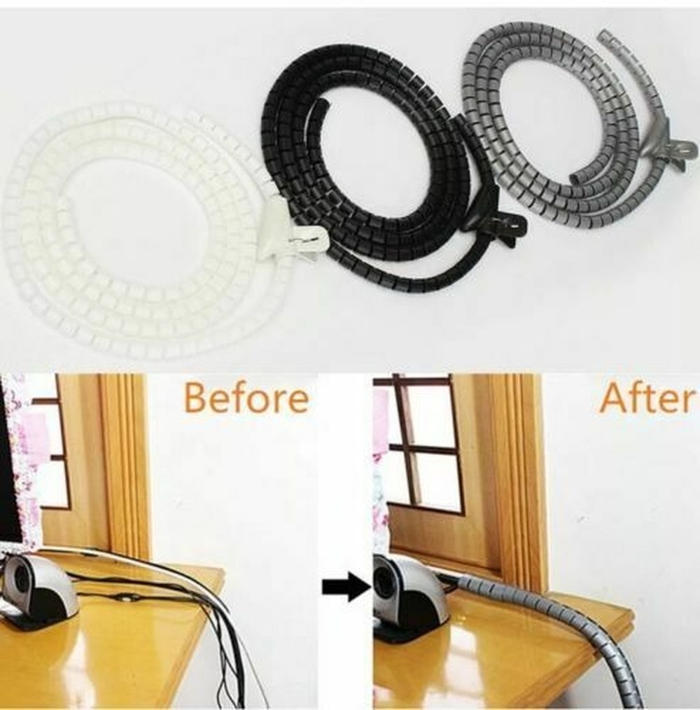 3M GREY Cable Tidy Wire Organizing Kit Spiral Wrap FOR PC TV HOME OFFICE