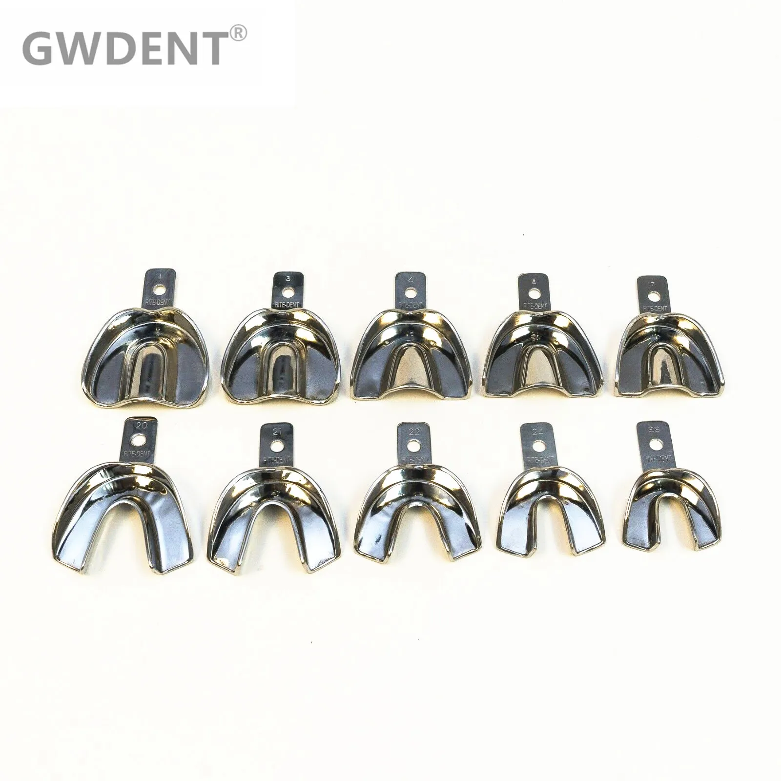 Dental Impression Stainless Steel Trays Rim Lock Non-Perforated Set of 10Pcs XS.S.M.LXL Upper/Lower