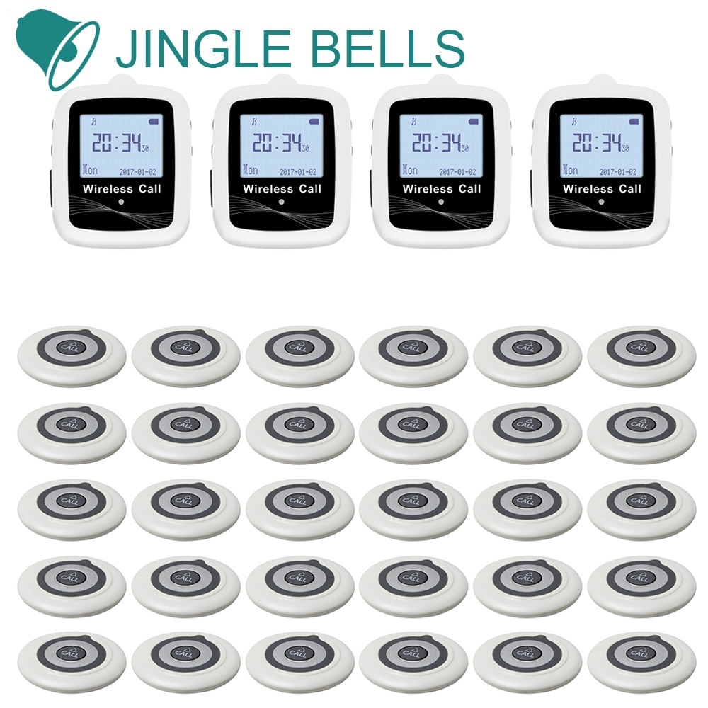 JINGLE BELLS Wireless Restaurant Calling System 30 Calling Buttons 4 Belt Watch Receiver for cafe, bar hotel Call Bell pager
