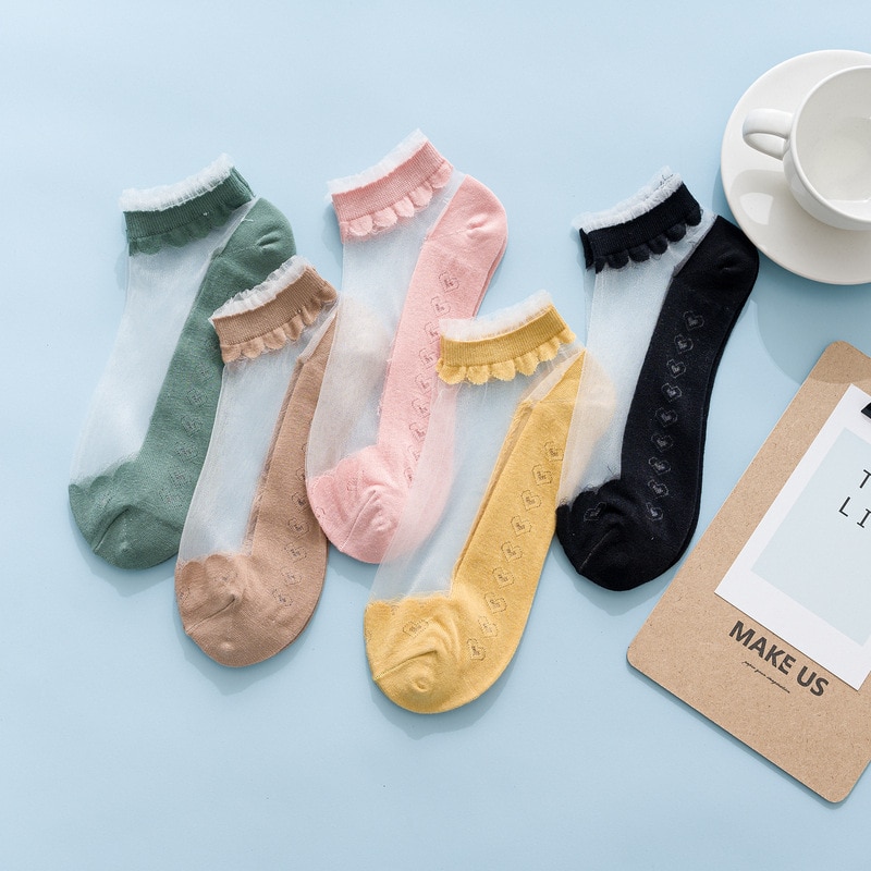5 Pairs Summer Candy Color Transparent Women Silk Socks Cute Lovely Ultrathin Happy Breathable Girls Ladies Ankle Dress Socks