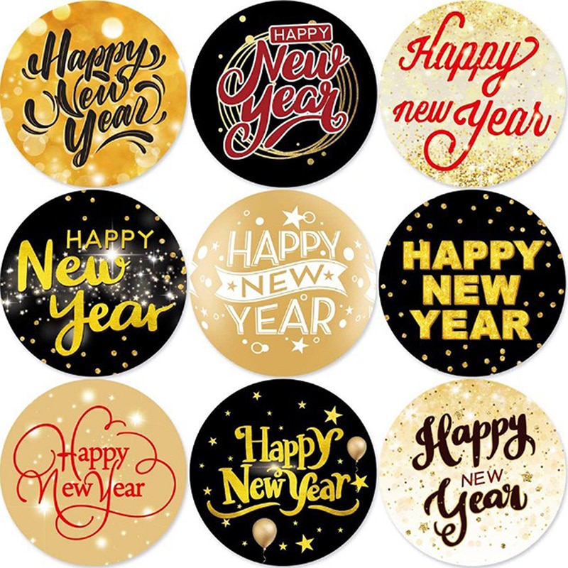 Hot sale 500PCS Happy New Year Sticker Gold Glitter Labels Gift Cards Decoration