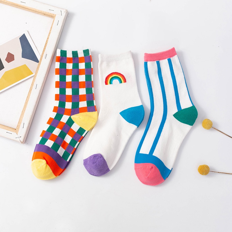 rainbow striped socks harajuku woman kawaii calcetines women skarpetki meias meia chaussette sock sokken cotton calcetas mujer