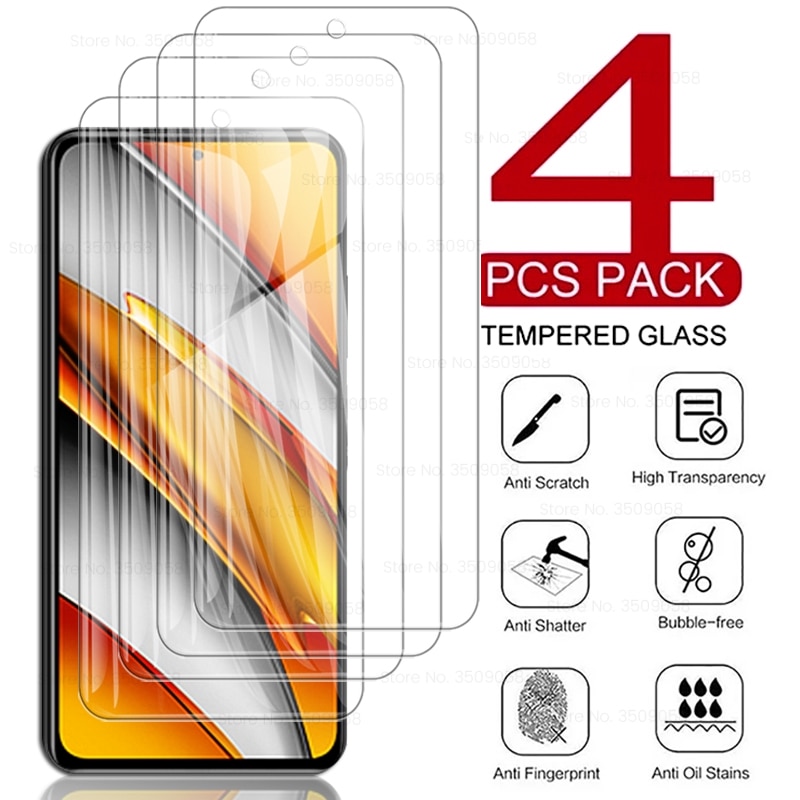 x 3 4pcs full screen protector tempered glass for xiaomi pocophone poco x3 nfc m3 f3 f2 pro f1 f 3 1 armor protection cover film