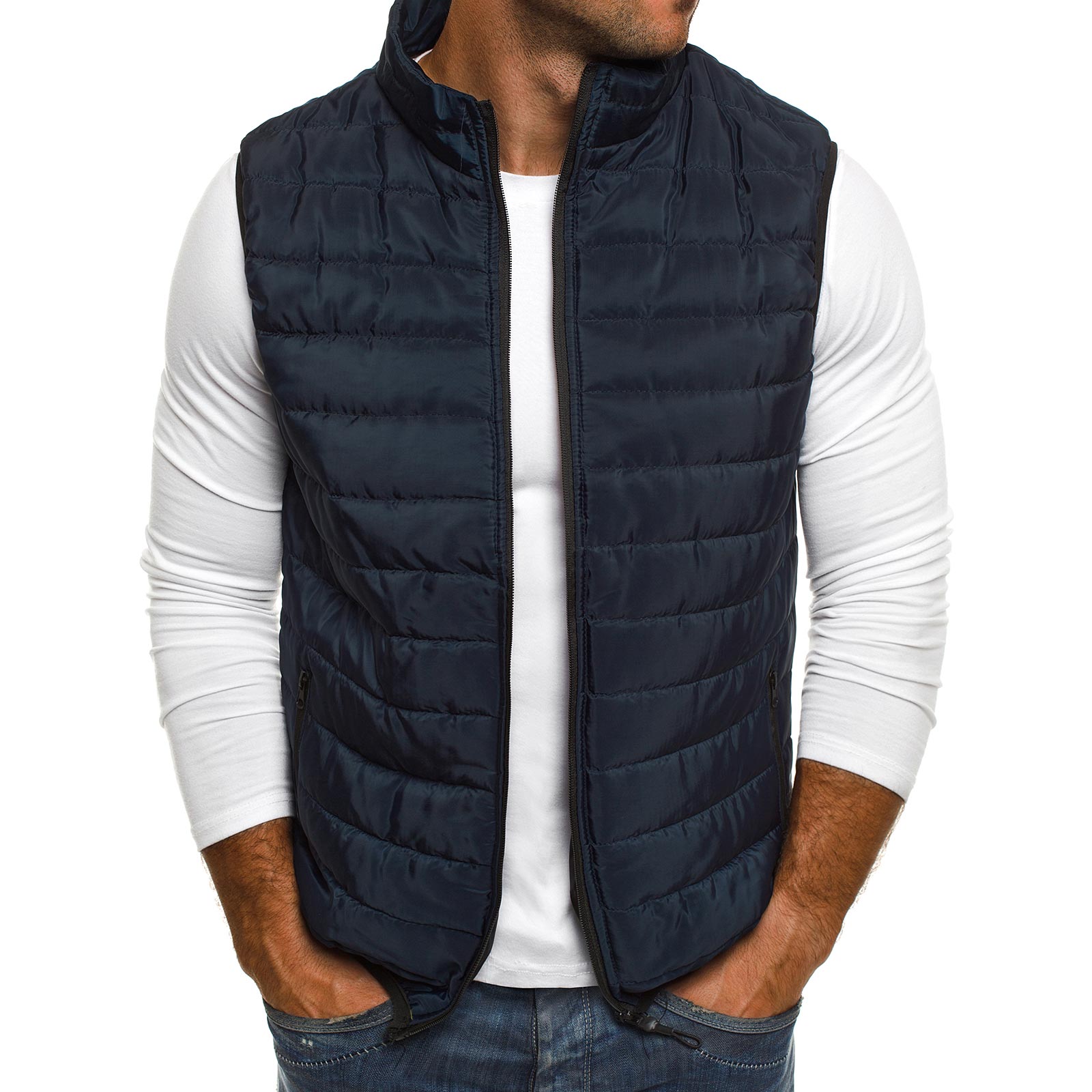 Autumn Winter Men Vests Casual Sleeveless Stand Collar Jackets Vest Solid Slim-Fit Zipper Streetwear Warm Parkas Men