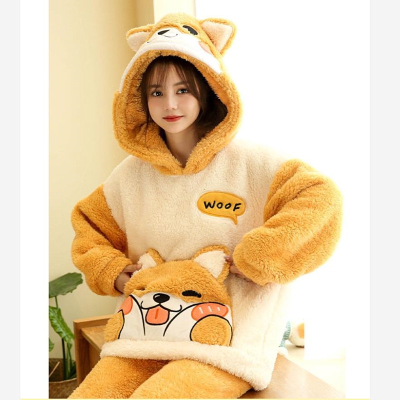 Women Pyjamas Ladies Winter Sweet Cartoon Wear Flannel Outerwear Young Girl Thick Pajamas Anime Shiba Inu Home Clothing Pijama