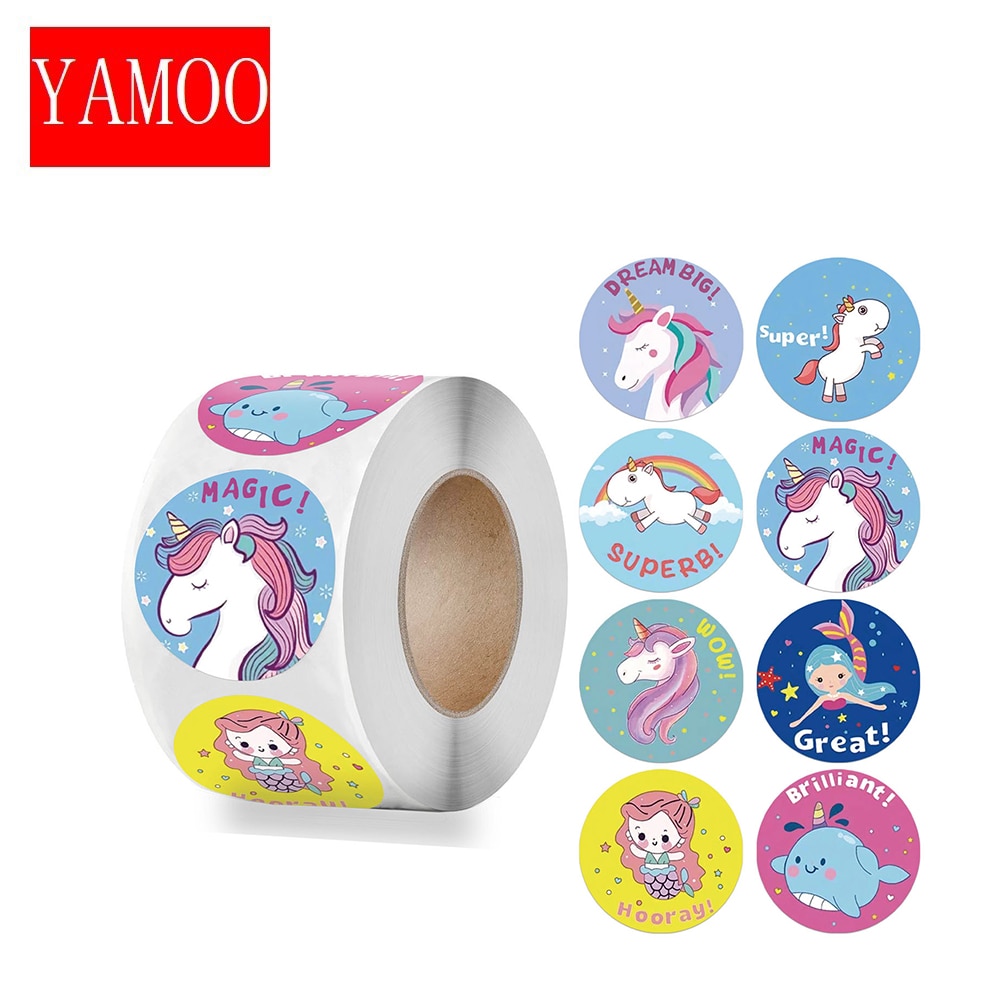 Children's mermaid unicorn animal cute pattern reward sticker 1 inch 8 styles school teacher supplies sticker 100-500pcs