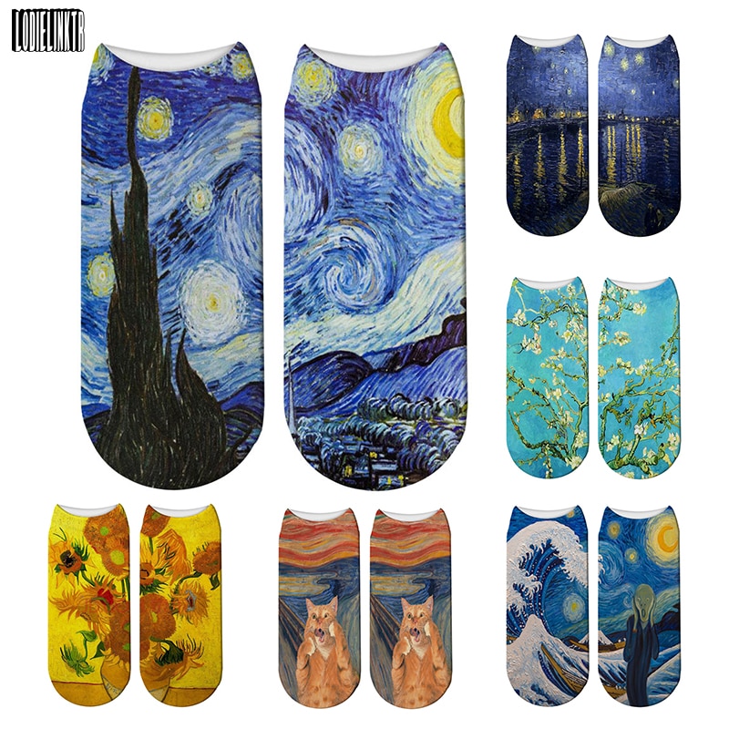 3D Van Gogh Oil Painting Print Socks Funny Art Women Short Socks Starry Night Sunflower Low Ankle Casual Unisex Cotton Socks