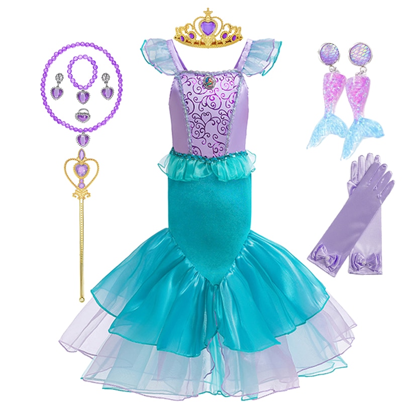 Disney Ariel Princess(Little Mermaid)Girls Dresses Kid Halloween Costume Children Fairy Clothes Carnival Birthday Party Dress Up